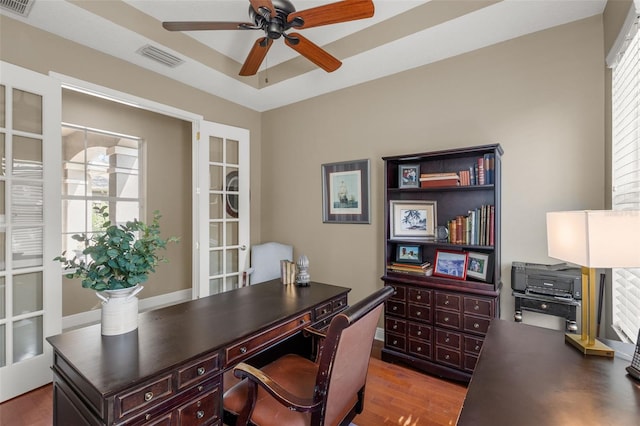14817 Tudor Chase Dr, Tampa, FL 33626 - office area featuring ceiling fan, dark wood-type flooring, and french doors
