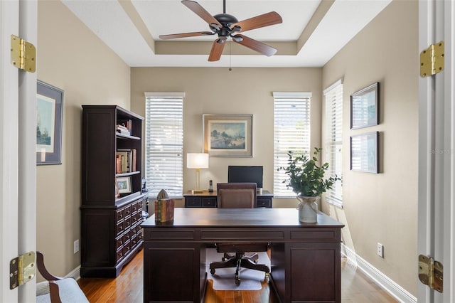 14817 Tudor Chase Dr, Tampa, FL 33626 - office featuring ceiling fan, baseboards, a raised ceiling, and light wood-style flooring