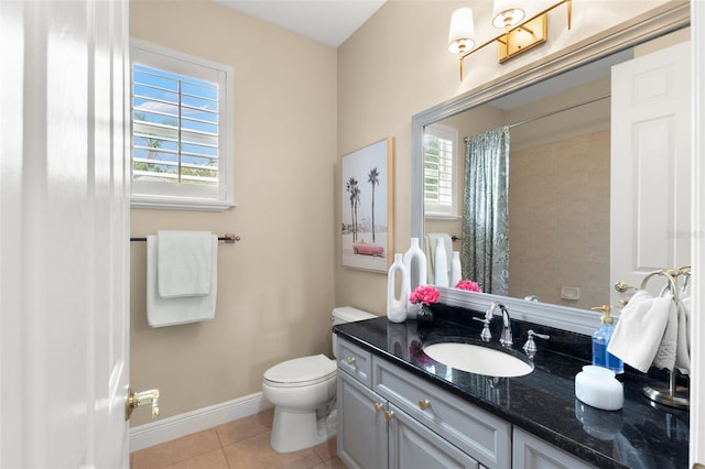 14817 Tudor Chase Dr, Tampa, FL 33626 - full bathroom featuring tile patterned floors, toilet, vanity, baseboards, and curtained shower