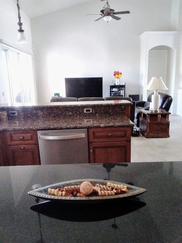 office featuring high vaulted ceiling and a ceiling fan