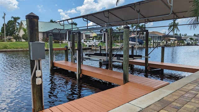 dock area with a water view, boat lift, and a residential view