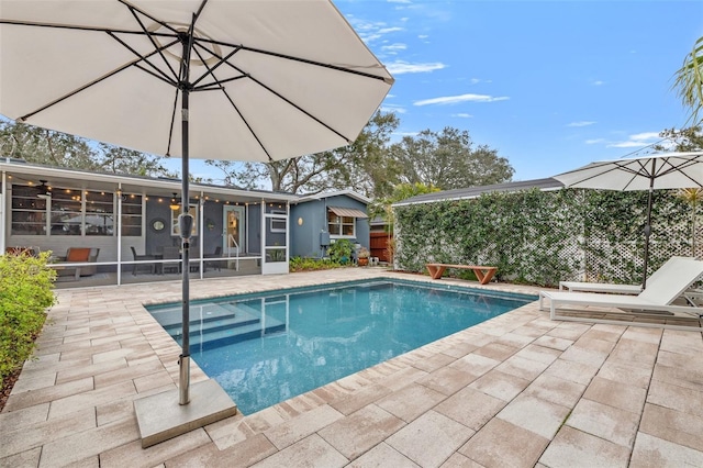 view of pool featuring a sunroom, a fenced in pool, and a patio area