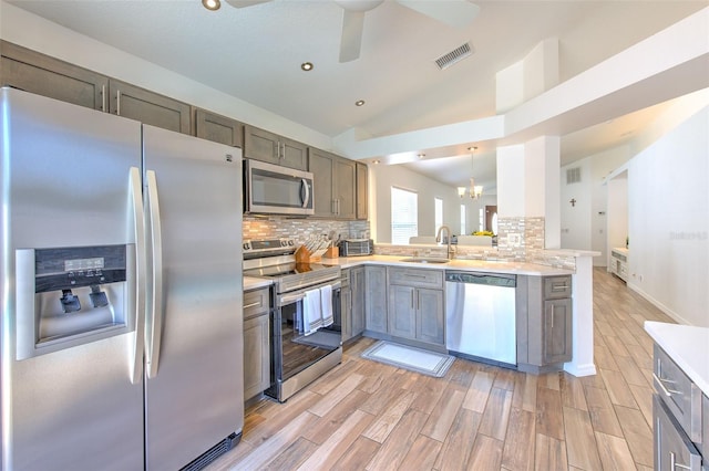1666 Meadow Oak Ln, Tarpon Springs, FL 34689 - kitchen with appliances with stainless steel finishes, a ceiling fan, light countertops, decorative backsplash, and recessed lighting