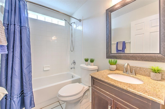 1666 Meadow Oak Ln, Tarpon Springs, FL 34689 - bathroom with shower / bath combo with shower curtain, vanity, a textured ceiling, and tile patterned flooring