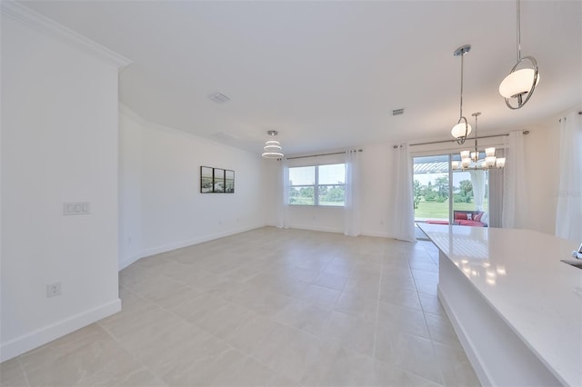 unfurnished dining area with an inviting chandelier, light tile patterned flooring, crown molding, and baseboards