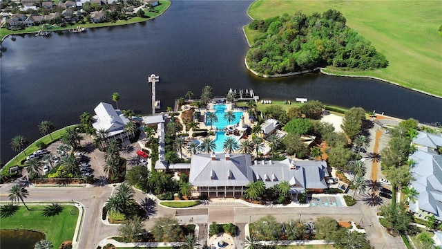 birds eye view of property featuring a water view