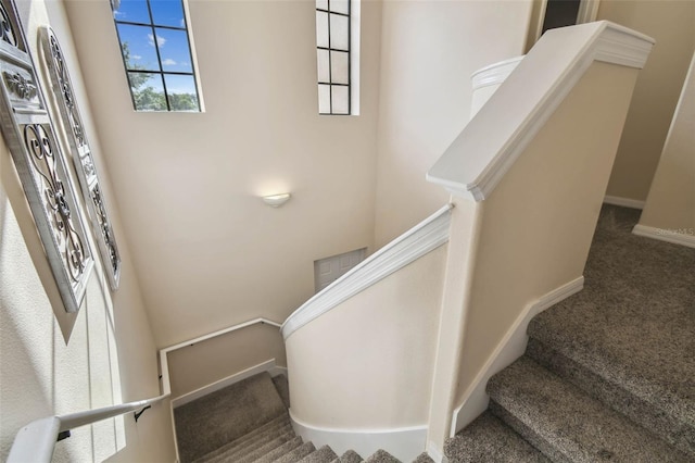stairway with baseboards and carpet