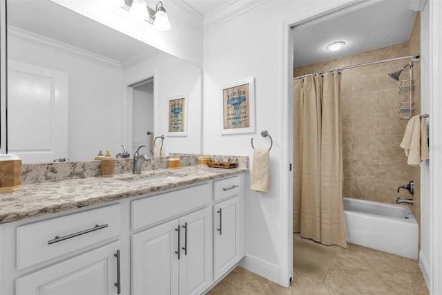 full bathroom with shower / tub combo, baseboards, ornamental molding, vanity, and tile patterned flooring
