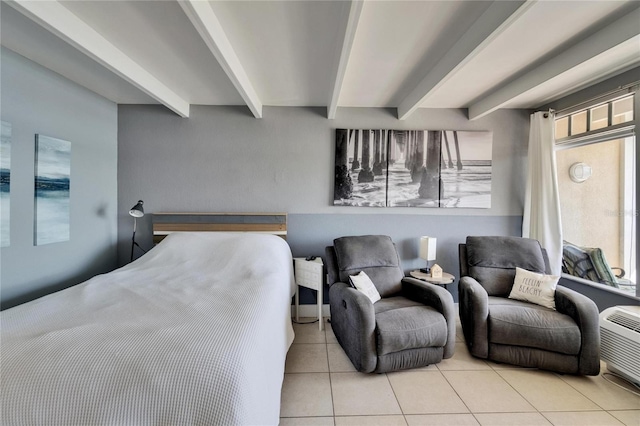 bedroom featuring a wall mounted AC, tile patterned flooring, and beamed ceiling