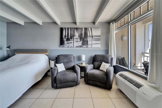bedroom featuring tile patterned flooring, a wall unit AC, and beam ceiling