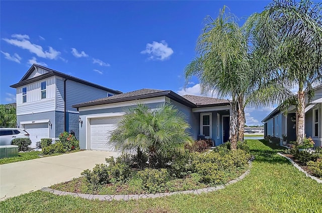 20983 Monza Loop, Land O Lakes, FL 34638 - view of side of home featuring concrete driveway, stucco siding, a garage, and a yard