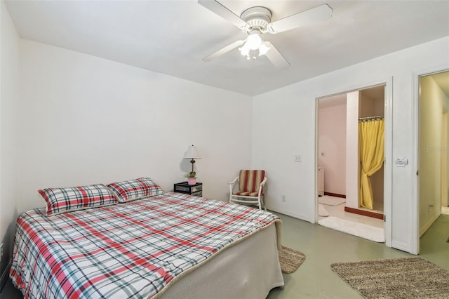 bedroom featuring concrete floors, baseboards, and ceiling fan