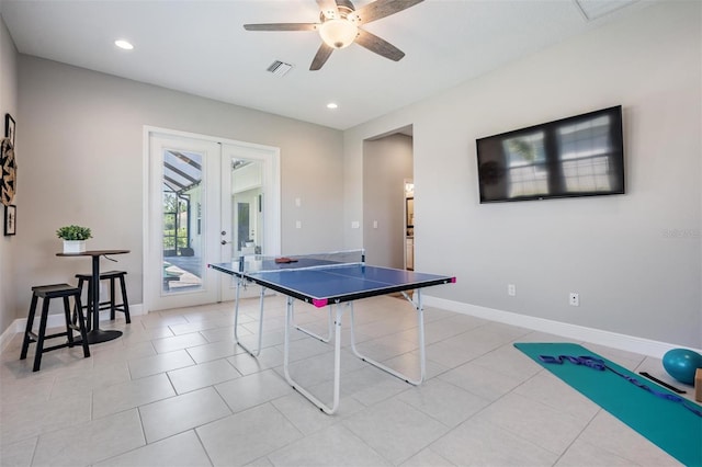 game room with french doors, visible vents, recessed lighting, baseboards, and a ceiling fan