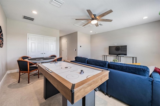rec room with light carpet, baseboards, visible vents, and recessed lighting