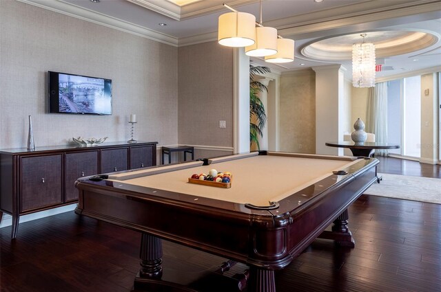 331 Cleveland St Unit 320, Clearwater, FL 33755 - playroom featuring dark wood-style floors, wallpapered walls, crown molding, and a raised ceiling