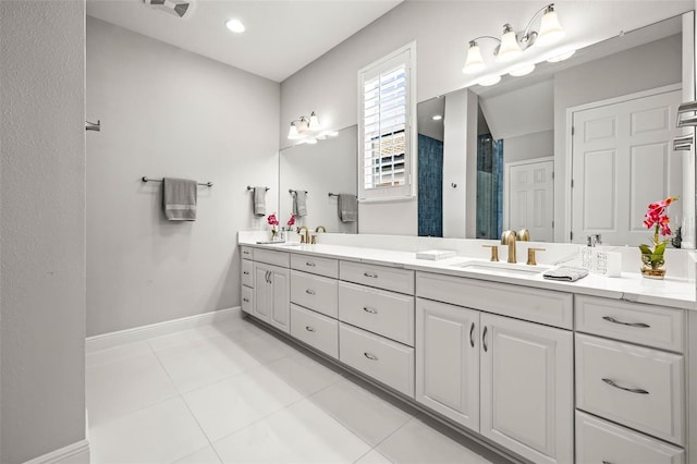 11014 Rustic Timber Loop, San Antonio, FL 33576 - full bathroom with tile patterned floors, curtained shower, a sink, and double vanity