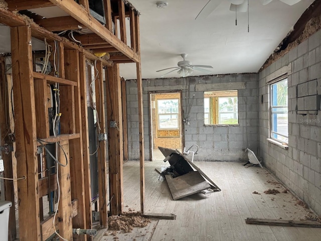 13200 Boca Ciega Ave, Madeira Beach, FL 33708 - miscellaneous room featuring ceiling fan, wood-type flooring, and concrete block wall