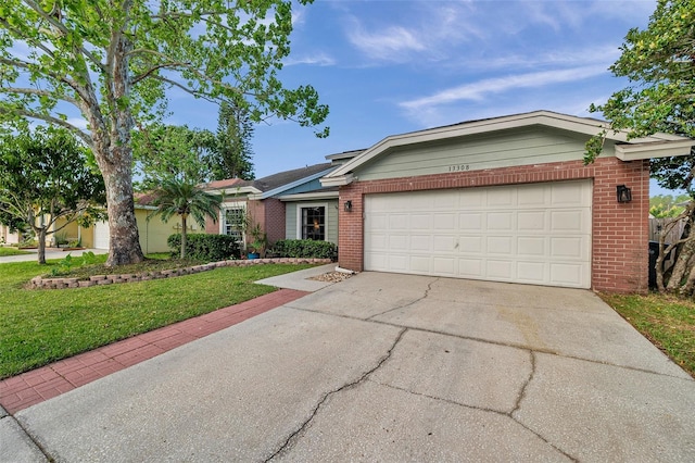 13308 Kearney Way, Tampa, FL 33626 - ranch-style house with an attached garage, concrete driveway, a front yard, and brick siding