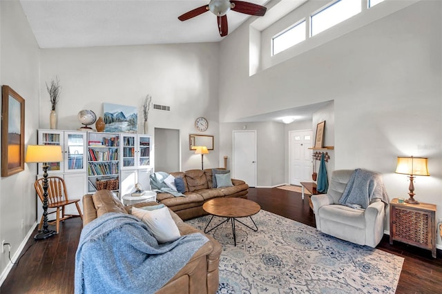 13308 Kearney Way, Tampa, FL 33626 - living room featuring visible vents, baseboards, a ceiling fan, dark wood finished floors, and a towering ceiling