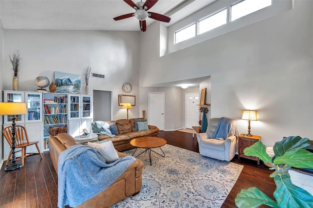 13308 Kearney Way, Tampa, FL 33626 - living area with visible vents, a high ceiling, wood finished floors, and ceiling fan