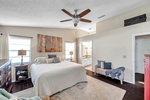 13308 Kearney Way, Tampa, FL 33626 - bedroom with visible vents, baseboards, a textured ceiling, dark wood-style floors, and lofted ceiling
