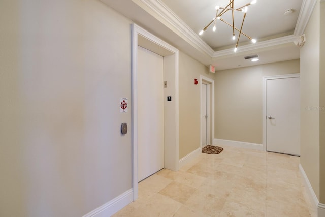 13600 Gulf Blvd Unit 700A, Saint Petersburg, FL 33708 - corridor with crown molding, a chandelier, a raised ceiling, and elevator