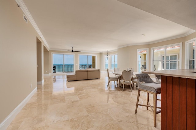 13600 Gulf Blvd Unit 700A, Saint Petersburg, FL 33708 - living area with ornamental molding, baseboards, a ceiling fan, and light marble finish flooring