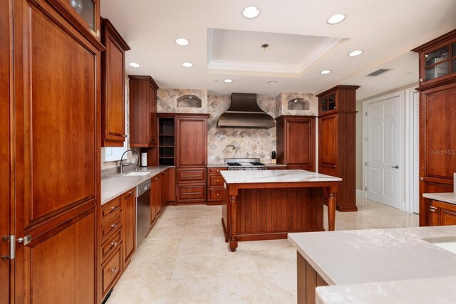 13600 Gulf Blvd Unit 700A, Saint Petersburg, FL 33708 - kitchen with premium range hood, a tray ceiling, stove, a sink, and stainless steel dishwasher