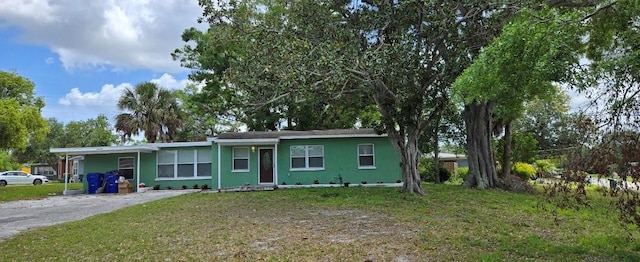 view of front of home with a front yard and stucco siding