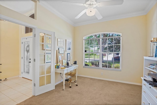 tiled home office with baseboards, a ceiling fan, carpet, and crown molding