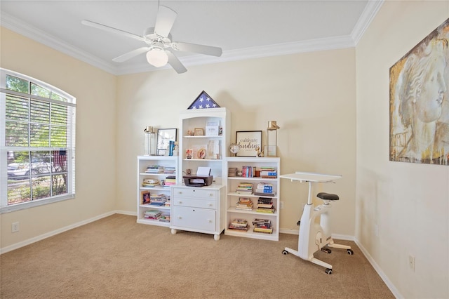 playroom with carpet flooring, ornamental molding, and baseboards