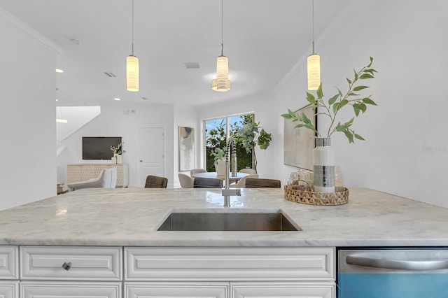 2410 W N A St Unit 2, Tampa, FL 33609 - kitchen featuring stainless steel dishwasher, light stone countertops, white cabinetry, visible vents, and open floor plan