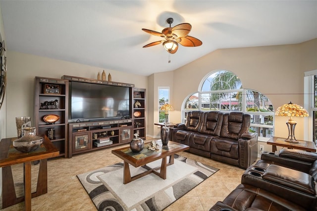 121 Colonial St SW, Port Charlotte, FL 33952 - living room with light tile patterned floors, lofted ceiling, and a ceiling fan