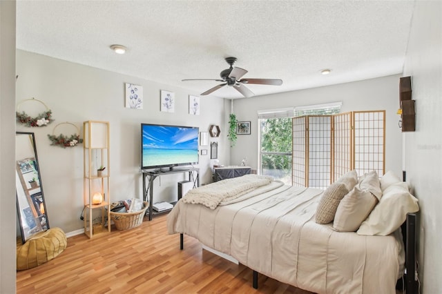 9481 Highland Oak Dr Unit 1616, Tampa, FL 33647 - bedroom featuring light wood finished floors, a textured ceiling, a ceiling fan, and baseboards