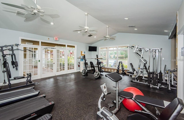 9481 Highland Oak Dr Unit 1616, Tampa, FL 33647 - workout area featuring french doors, ceiling fan, lofted ceiling, and recessed lighting