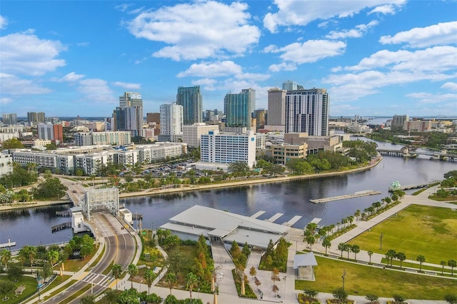drone / aerial view of a nearby body of water and a view of skyline