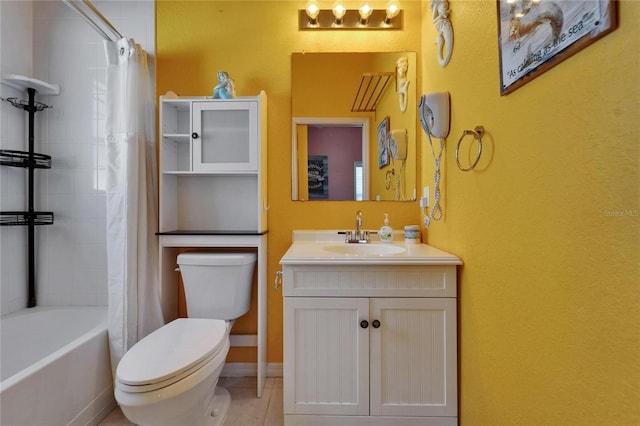 bathroom with shower / bath combo, toilet, vanity, and tile patterned flooring