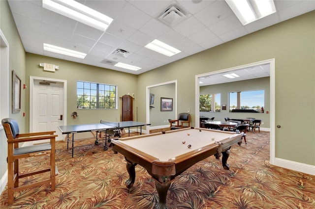 playroom featuring baseboards, visible vents, pool table, and light colored carpet