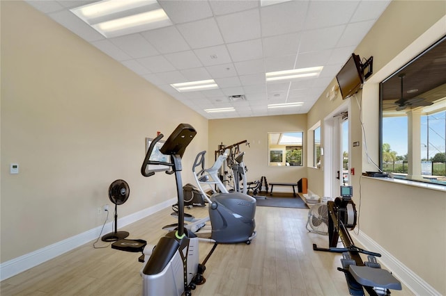 workout room with wood finished floors, visible vents, a drop ceiling, and baseboards