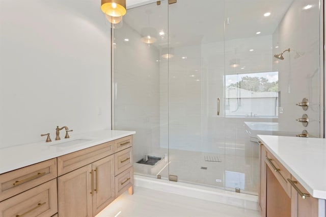 3406 W Alline Ave, Tampa, FL 33611 - bathroom featuring a shower stall, vanity, and recessed lighting