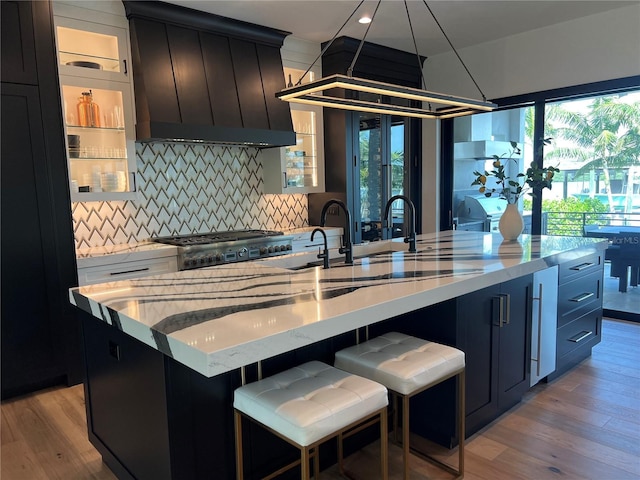 kitchen featuring custom exhaust hood, light wood-type flooring, decorative backsplash, and range