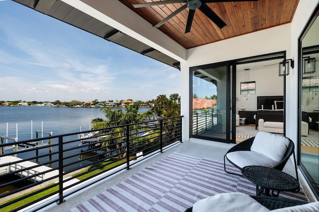 balcony featuring ceiling fan and a water view