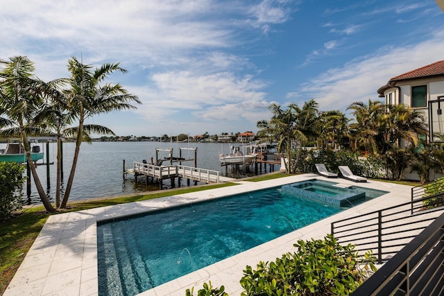 view of pool with a water view, a dock, boat lift, and a pool with connected hot tub