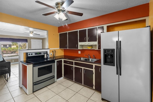 kitchen featuring a ceiling fan, open shelves, dark countertops, appliances with stainless steel finishes, and a sink