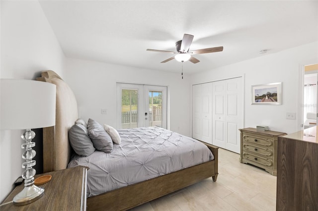 bedroom featuring a closet, access to outside, french doors, and a ceiling fan