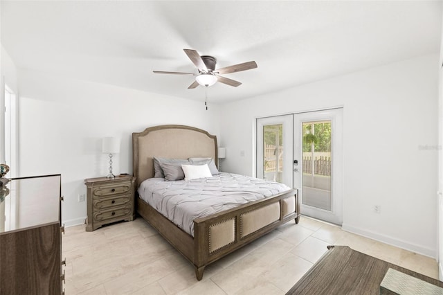 bedroom with access to outside, french doors, baseboards, and ceiling fan