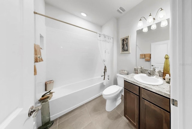 full bath with tile patterned flooring, vanity, shower / tub combo with curtain, toilet, and visible vents