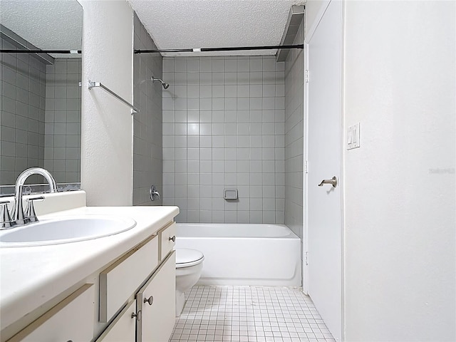bathroom featuring vanity, toilet, a textured ceiling, tile patterned floors, and tub / shower combination