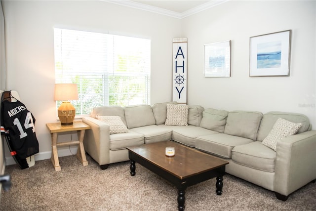 living area featuring crown molding, light colored carpet, and baseboards