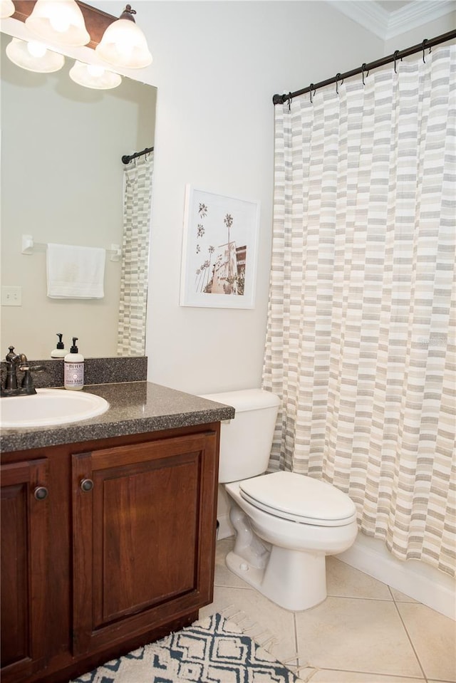 bathroom featuring vanity, ornamental molding, curtained shower, tile patterned flooring, and toilet
